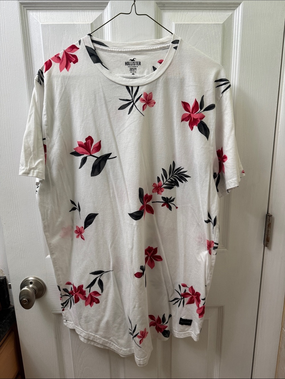 Hollister White Floral Short-Sleeve Tee with Red & Black Print